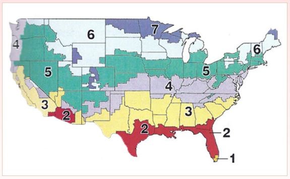 Figure 3:  Climate zones on a map of the USA by IECC.  Alaska, not shown has both climate zones 7 and 8.  